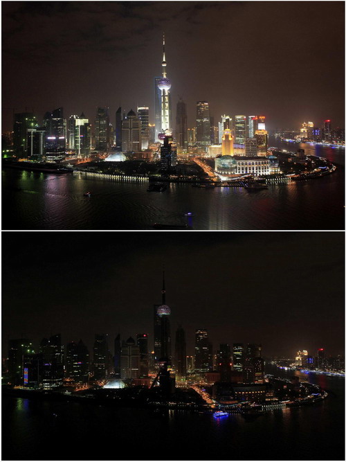 A combination photo shows The Bund on the banks of the Huangpu River before (top) and during Earth Hour (bottom) in Shanghai March 27, 2010. Earth Hour, when everyone around the world is asked to turn off lights for an hour from 8.30 p.m. local time, is meant as a show of support for tougher action to confront climate change. [China Daily via Agencies] 
