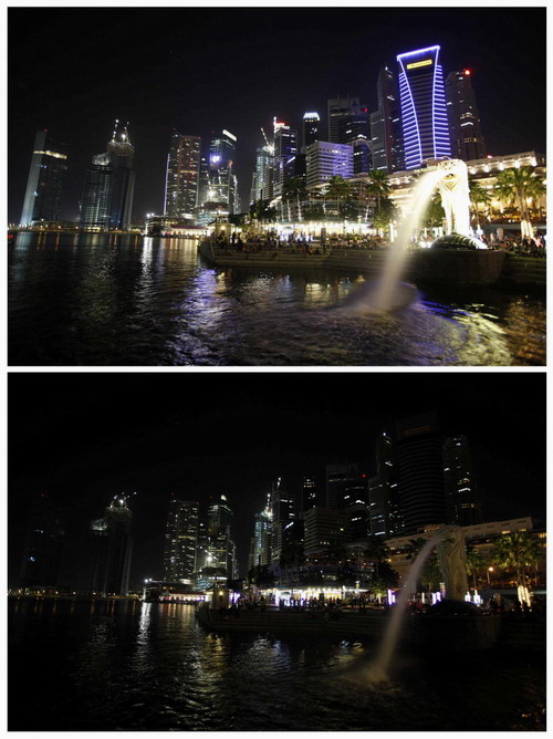 A combination photograph shows buildings in the central business district before (top) and after Earth Hour in Singapore March 27, 2010. Earth Hour, when everyone around the world is asked to turn off lights for an hour from 8.30 p.m. local time, is meant as a show of support for tougher action to confront climate change. [China Daily via Agencies]