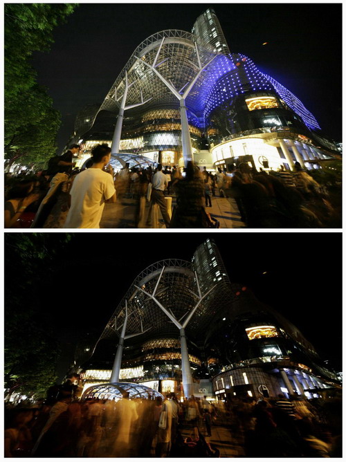  A combination photo of Ion Orchard, one of the largest shopping malls on Orchard Road, before (top) and during Earth Hour in Singapore March 27, 2010 in this combination picture. Earth Hour, when everyone around the world is asked to turn off lights for an hour from 8.30 pm local time, is meant as a show of support for tougher action to confront climate change. [China Daily via Agencies]