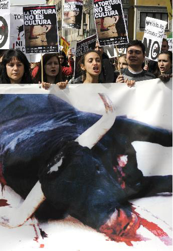 Protestors holding placards reading, &apos;Torture is not Art or Culture&apos; march during a demonstration of several thousand people calling for the abolition of bullfighting in center of Madrid, March 28, 2010. [Xinhua] 