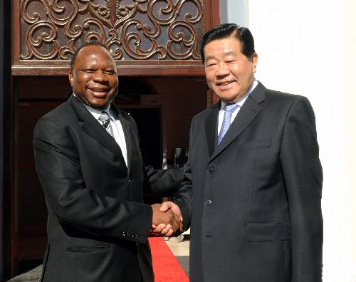 Jia Qinglin (R), chairman of the National Committee of the Chinese People's Political Consultative Conference, meets with Mninwa Mahlangu, chairman of the South African National Council of Provinces, in Cape Town of South Africa, March 29, 2010. [Li Tao/Xinhua]