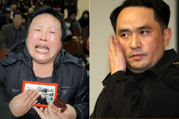 Combo photo shows a grieved family member of one of the victims and Choi Won-il (R), captain of the sunken South Korean naval ship Cheonan. [CRI]