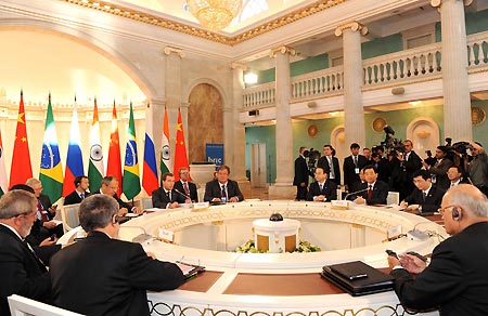 The first summit meeting of BRIC (Brazil, Russia, India and China) leaders is held in Yekaterinburg, Russia, on June 16, 2009. [Rao Aimin/Xinhua] 