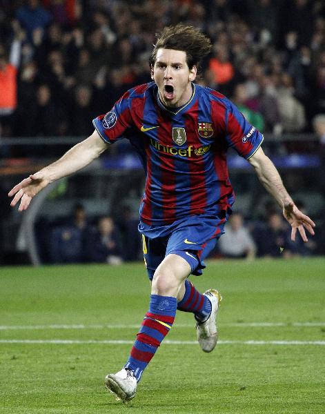 Barcelona's Argentinian forward Lionel Messi celebrates scoring his first goal against Arsenal during the Champions League quarter-final second-leg match at Camp Nou stadium in Barcelona. Messi's first ever four goal haul saw holders Barcelona reach the Champions League semi-finals here on Tuesday in a 4-1 defeat of English side Arsenal. (Xinhua/Reuters Photo) 