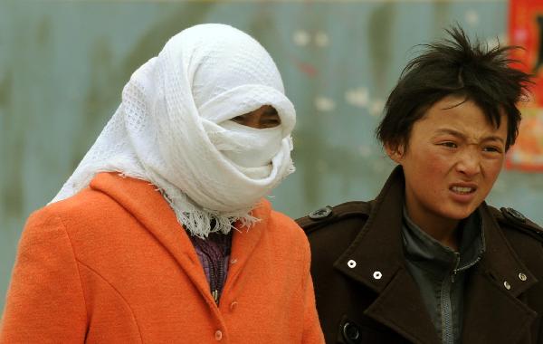 Residents walk in the sandstorm beside Qinghai Lake in northwest China's Qinghai Province, April 9, 2010. A sandstorm hit Qinghai on Friday. [Hou Deqiang/Xinhua]
