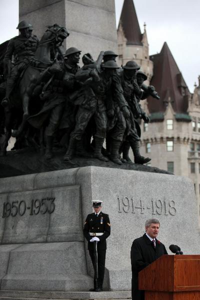 Canadian Prime Minister Stephen Harper speaks at the Vimy Ridge Day commemoration at the Vimy Ridge Day commemoration at Ottawa, capital of Canada, April 9, 2010. Canada held a grand ceremony at the National War Memorial in Ottawa on Friday, officially marked the end of an era as the country's last known World War I veteran John Babcock was gone earlier.