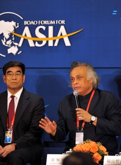 Indian Minister of State for Environment and Forests Jairam Ramesh (R), speaks at the forum: 'Low-Carbon Energy: Can Asia Lead The World?' during the Boao Forum for Asia (BFA) Annual Conference 2010 in Boao, a scenic town in south China's Hainan Province, April 10, 2010. The forum 'Low-Carbon Energy: Can Asia Lead The World?' was held here on Saturday.