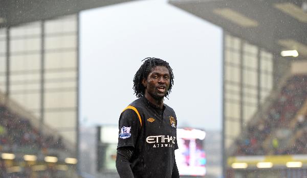 Manchester City's Emmanuel Adebayor at match against Burnley during their English Premier League soccer match in Burnley, northern England April 3, 2010. Togo striker Emmanuel Adebayor has announced on Monday his retirement from national team, citing he is 'still haunted' by the attack on his team at the African Cup of Nations in January.(Xinhua/AFP File Photo)