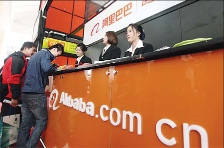 An Alibaba booth at a recent digital products exhibition held recently in Beijing. The company's subsidiary Alipay controlled about 50 percent of China's online payment market in 2009. [China Daily]