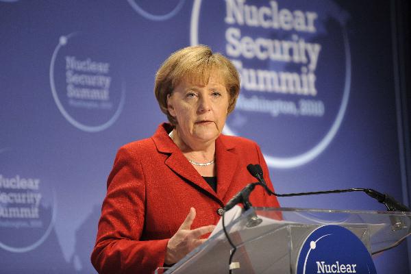German Chancellor Angela Merkel hosts a news briefing during the ongoing Nuclear Security Summit in Washington D.C., capital of the United States, April 13, 2010. [Zhang Jun/Xinhua]