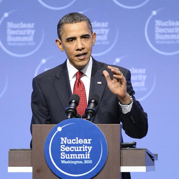 U.S. President Barack Obama speaks at a news conference after the two-day Nuclear Security Summit closed in Washington D.C., capital of the United States, April 13, 2010. [Zhang Jun/Xinhua]