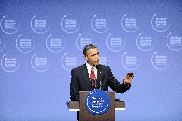 U.S. President Barack Obama speaks at a news conference after the two-day Nuclear Security Summit closed in Washington D.C., capital of the United States, April 13, 2010. [Zhang Jun/Xinhua] 