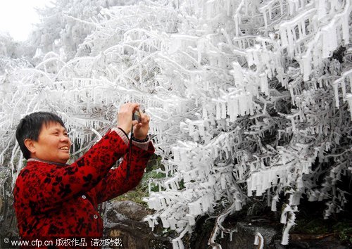  A visitor takes photos of the icy scenery at a park in Mount Lu in Jiujiang, Jiangxi province on April 15, 2010. [CFP]