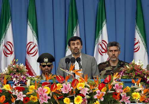 Iranian President Mahmoud Ahmadinejad (C) speaks during the Army Day celebration in Tehran, Iran, April 18, 2010. Mahmoud Ahmadinejad said here on Sunday that the interference of foreigners served the root cause of all tensions and divisions in the region, demanding foreign forces to leave the region.[Xinhua] 