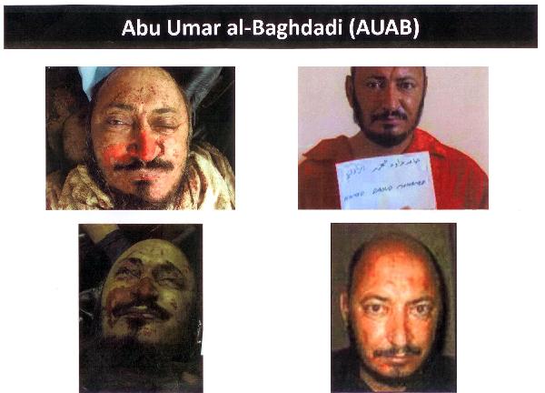 A paper displays photographs of a man the Iraqi government claims to be al-Qaida leader Abu Omar al-Baghdadi at a news conference in Baghdad, Iraq, Monday, April 19, 2010. [Xinhua]