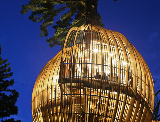 Photo shows a pod-shaped restaurant built on a tree near Auckland, New Zealand. [CRI]