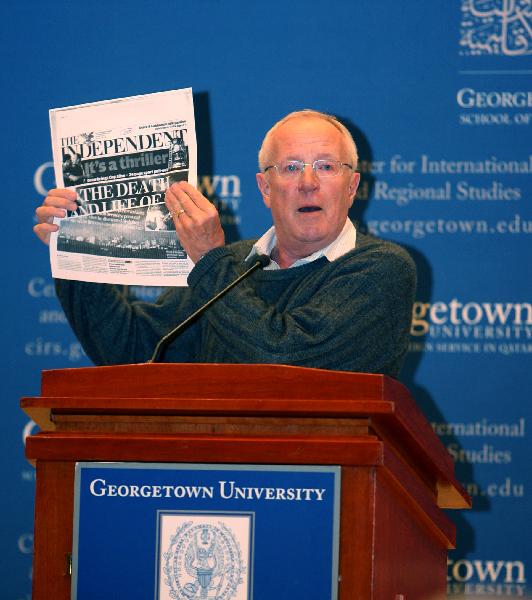 British writer and journalist Robert Fisk, Middle East correspondent of The Independent, delivers a speech for his distinguished lecture series entitled 'State of Denial: Western Jouralism in the Middle East', at the invitation of the Georgetown's Center for International and Regional Studies (CIRS), at Four Seasons Hotel in Doha, capital of Qatar, April 20, 2010. [Maneesh Bakshi/Xinhua]