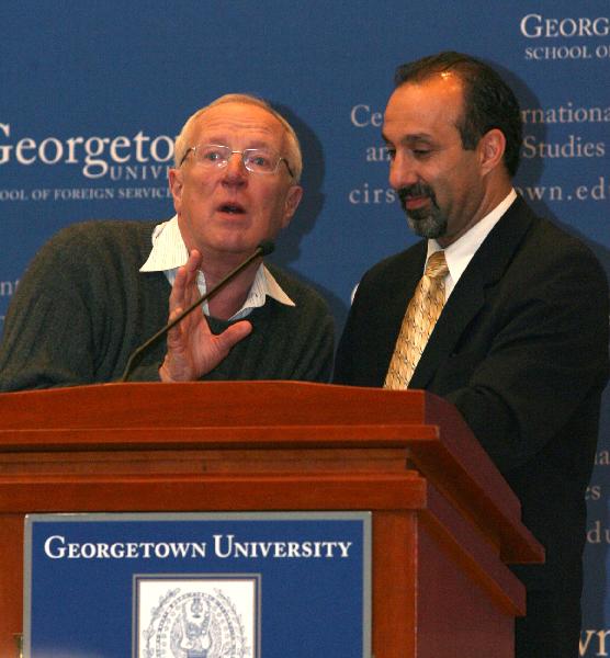 British writer and journalist Robert Fisk (L), Middle East correspondent of The Independent, delivers a speech for his distinguished lecture series entitled 'State of Denial: Western Jouralism in the Middle East', at the invitation of the Georgetown's Center for International and Regional Studies (CIRS), at Four Seasons Hotel in Doha, capital of Qatar, April 20, 2010. [Maneesh Bakshi/Xinhua]