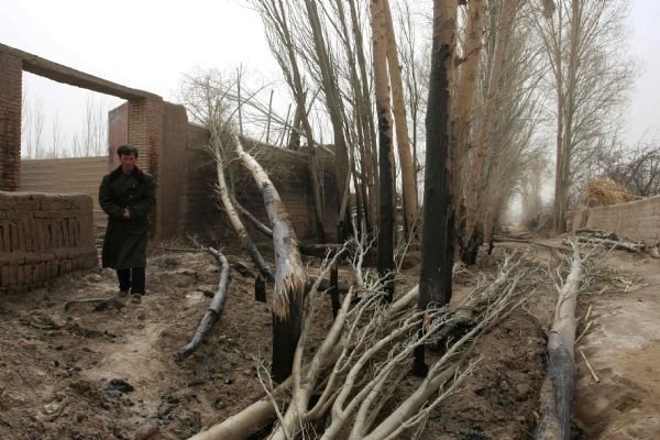 A farmer stands beside a burned tree due to the fire caused by the gale in Shangxin Village in Xuebai Township of Wuwei County in Wuwei City, northwest China's Gansu Province, April 25, 2010. The Hexi Corridor had been hit by the most serious sandstorm in 9 years since Friday. 