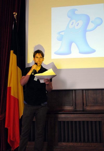 College student Sid Gulinck comment on the mascot of the Shanghai World Expo in Chinese during a preliminary contest of the 9th Chinese Bridge Competition in Brussels, Belgium, April 24, 2010. 