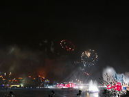 Fireworks explode over the Shanghai World Expo site during a rehearsal for its opening ceremony April 27, 2010. [Photo by Hu Di]