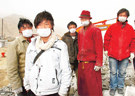 Gyashul Adrou (front), 24, whose orphanage collapsed when the earthquake hit Gyegu town, Qinghai province. He said he feels grateful for the help of volunteers, especially 46-year-old Wong Fuk Wing from Hong Kong who was killed while helping children escape the crumbling buildings on April 14. 