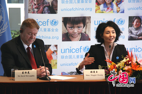 Hong Kong veteran actress Maggie Cheung (right) is appointed as United Nations Children's Fund (UNICEF) ambassador in China in Beijing April 29, 2010. 