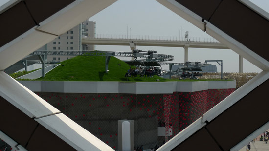 Swiss Pavilion viewing from the roof of French Pavilion on May 3, 2010. [China.org.cn / Xu Lin]