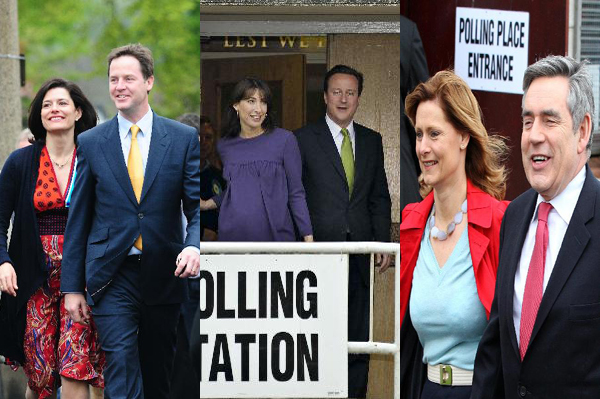 (From L to R) British Liberal Democrat Party Leader Nick Clegg and his wife, British Conservative Party Leader David Cameron and his wife, British Prime Minister Gordon Brown and his wife. [Xinhua]