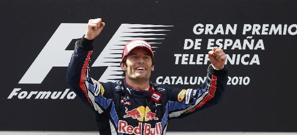 Red Bull Formula One driver Mark Webber from Australia reacts on the podium after winning the Spanish Formula One Grand Prix at the Circuit de Catalunya racetrack on in Montmelo, near Barcelona, Spain, Sunday, May 9, 2010. (Xinhua/Reuters Photo)