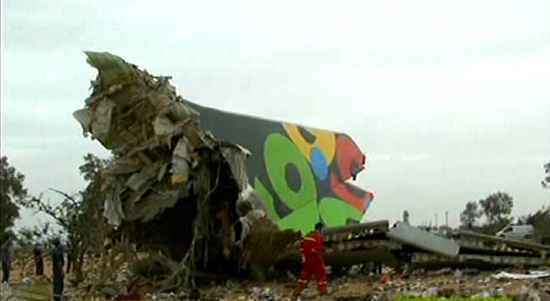 This image from Libyan television showsa section of the fuselage from the Afriqiyah's flight 771 amid the wreckage Wednesday May 12, 2010. [Xinhua photo]