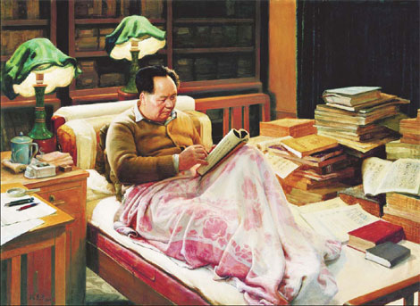Searching the Truth, oil on canvas by veteran artist Wei Chuyu, shows Chairman Mao reading in bed surrounded by books. 