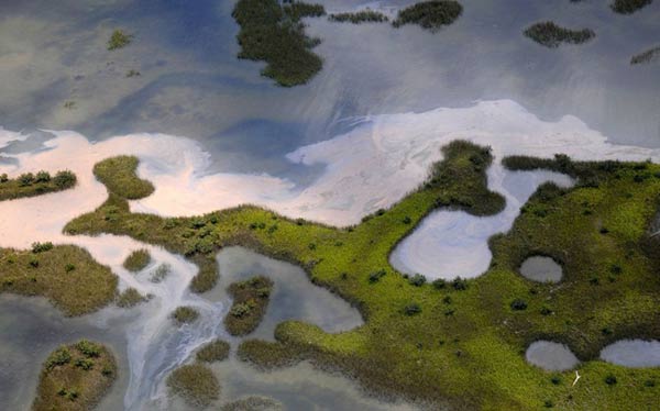 The photo dated May 6 shows a giant oil slick threatens to pollute the fragile wetlands of Louisiana. So far, the emergency measures taken to contain the oil spill in the Gulf of Mexico have proven to have little effect. There are still about 5,000 barrels of oil leaking into the gulf. U.S. president Barack Obama called the oil spill a massive and potentially unprecedented environmental disaster. [163.com]