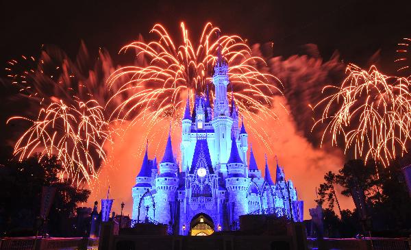 Fireworks is displayed at Disney's Magic Kingdom Park, during a welcome event prior to the 2010 International POW WOW in Orlando, Florida, the United States, May 16, 2010. The annual premier international marketplace for travel to the United States, will gather over 1,000 U.S. travel organizations and worldwide tourism operators. [Xinhua/Zhang Jun]