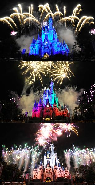 Combo photo shows fireworks displayed at Disney's Magic Kingdom Park, during a welcome event prior to the 2010 International POW WOW in Orlando, Florida, the United States, May 16, 2010. The annual premier international marketplace for travel to the United States, will gather over 1,000 U.S. travel organizations and worldwide tourism operators. (Xinhua/Zhang Jun) 