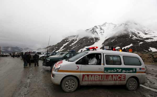 An ambulance is on standby near the mountains where an Afghan Pamir Airways plane is believed to have crashed in the Salang pass May 17, 2010. A passenger airplane crashed Monday enroute from Afghanistan's northern city of Kunduz to capital city of Kabul with 43 on board, Afghan officials told Xinhua.