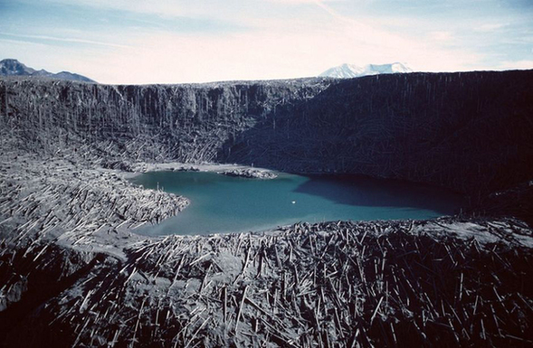 An aerial view of blowdown and Fawn Lake, inside the blast zone on October 28, 1980.