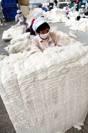 Workers sort cotton in a processing plant in Nantong, Jiangsu province. China is expected to increase cotton consumption by 1.5 million bales in the 2010-11 plant-harvest cycle to 49 million bales from a year earlier. 