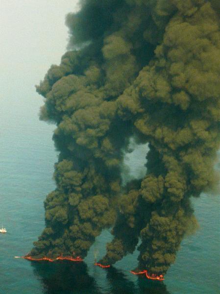 Dark clouds of smoke and fire emerge in the leaking oil area which gushed from the Deepwater Horizon wellhead in this aerial view over the Gulf of Mexico May 20, 2010.[Xinhua] 