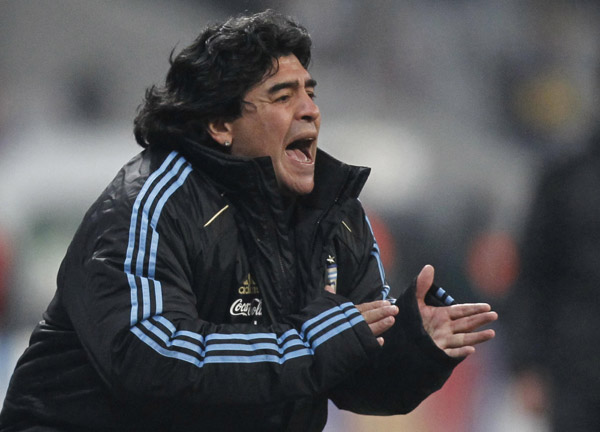 Argentina's coach Diego Maradona reacts during their international friendly soccer match against Germany in Munich March 3, 2010. (Xinhua/Reuters File Photo)