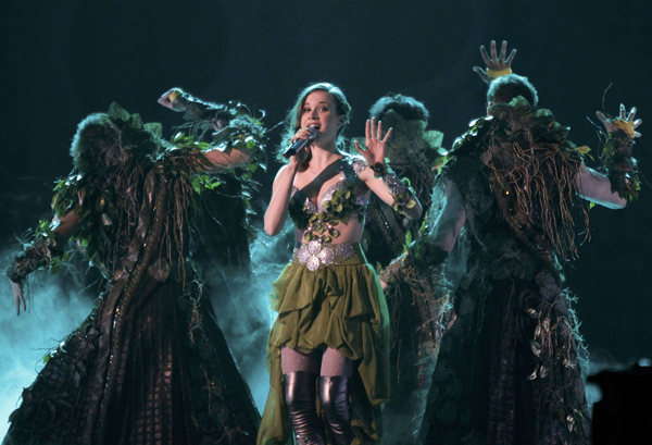 Kristina Pelakova from Slovakia performs her song 'Horehronie' during a dress rehearsal for semi-final one of the Eurovision Song Contest in Oslo May 24, 2010. Musical groups from 39 countries are competing in this year's event with the finals to be held on May 29 in Oslo. 