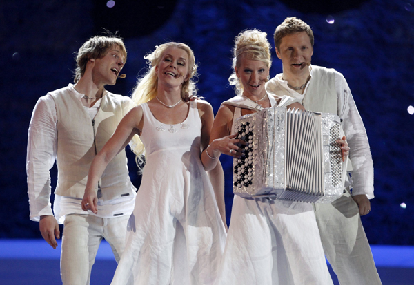 The musical group Kuunkuiskaajat from Finland perform their song 'Tyolki Ellaa' during a dress rehearsal for semi-final one of the Eurovision Song Contest in Oslo May 24, 2010. Musical groups from 39 countries are competing in this year's event with the finals to be held on May 29 in Oslo.