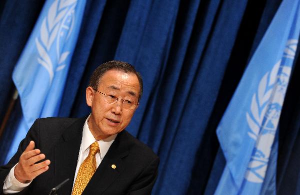 United Nations Secretary-General Ban Ki-moon speaks at his monthly press conference at the UN headquarters in New York, the United States, May 24, 2010. Ban Ki-moon on Monday said that he expected the UN Security Council to hold consultations on the sinking of a South Korean naval ship. [Xinhua]