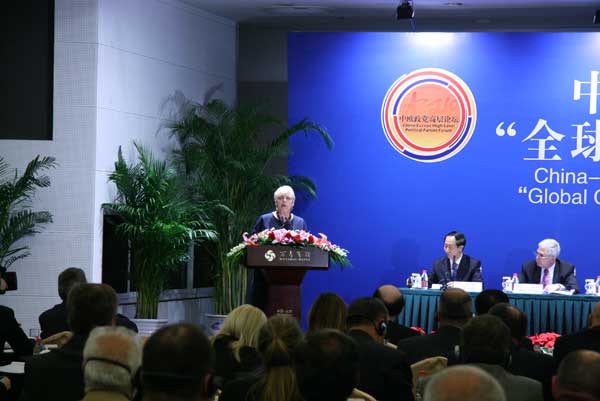 Annemie Neyts-Uyttebroeck, chair of the European Liberal Democrats and Reform Party, delivers a speech at the opening of the China-Europe High Level Political Party Foum in Beijing on May 24, 2010. [Ren Bin/China.org.cn]