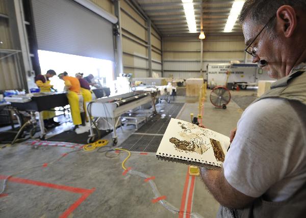 An artist draw the picture when bird rescue experts clean a nearly three-year-old brown pelican in the Mexico Gulf wildlife rehabilitation center at Fort Jackson, south Louisiana, the United States, May 25, 2010. BP started a so-called &apos;top kill&apos; operation Wednesday afternoon in an attempt to plug a undersea gusher in the Gulf of Mexico. [Xinhua] 