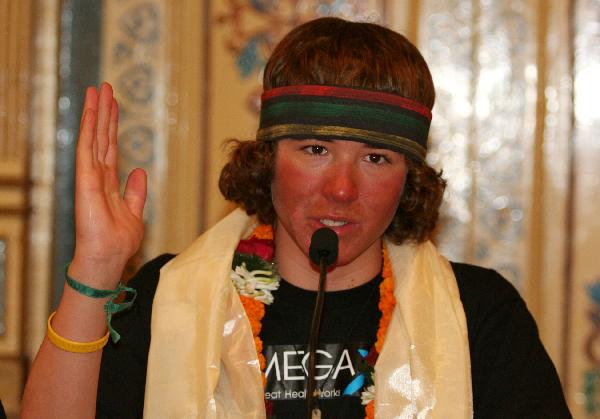 Jordan Romero, 13-year-old American boy who becomes the youngest climber to reach the summit of Mt. Qomolangma, speaks during a news conference in Kathmandu, capital of Nepal, May 27, 2010. Romero conquered Mt. Qomolangma on May 22, 2010. [Xinhua]