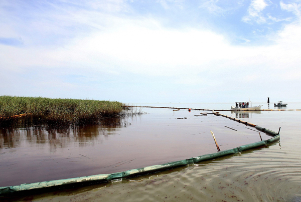 Oil floats on the surface in Pass A Loutre near Venice, Louisiana May 26, 2010. [Xinhua/Reuters]