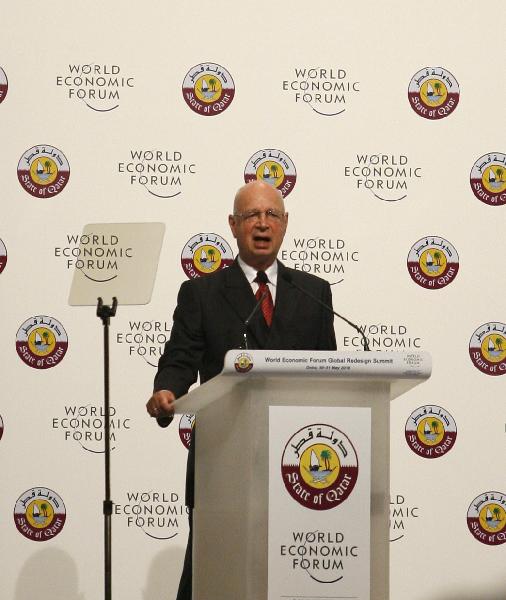 Klaus Schwab, founder and executive chairman of the World Economic Forum, addresses the opening session of the World Economic Forum (WEF) Global Redesign Summit in Doha, Qatar, May 30, 2010. [Xinhua photo]