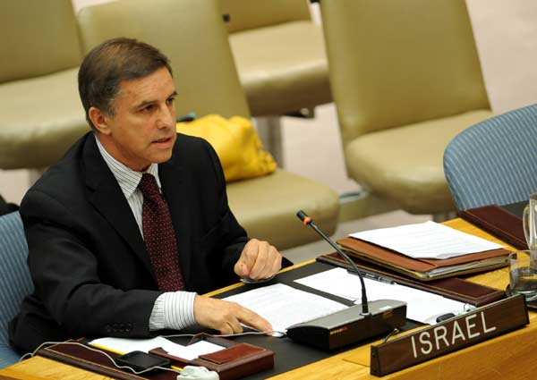 Israeli Deputy Ambassador to the United Nations Daniel Carmon speaks at an emergency meeting of the UN Security Council at the UN headquarters in New York May 31, 2010. The UN Security Council on Monday afternoon met behind closed doors to discuss the deadly attack against a humanitarian flotilla bound for Gaza. The emergency meeting, which was called for by Arab states after Israel carried out the attack, was meant to work out a council's response. (Xinhua