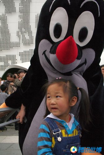 Czech cartoon character Krtek greets visitors outside the Czech Pavilion. He was popular in China during the 1980s.